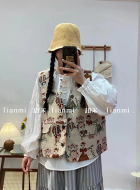 36136甜米设计感日系拼接碎花小众印花休闲复古宽松时尚背心马甲