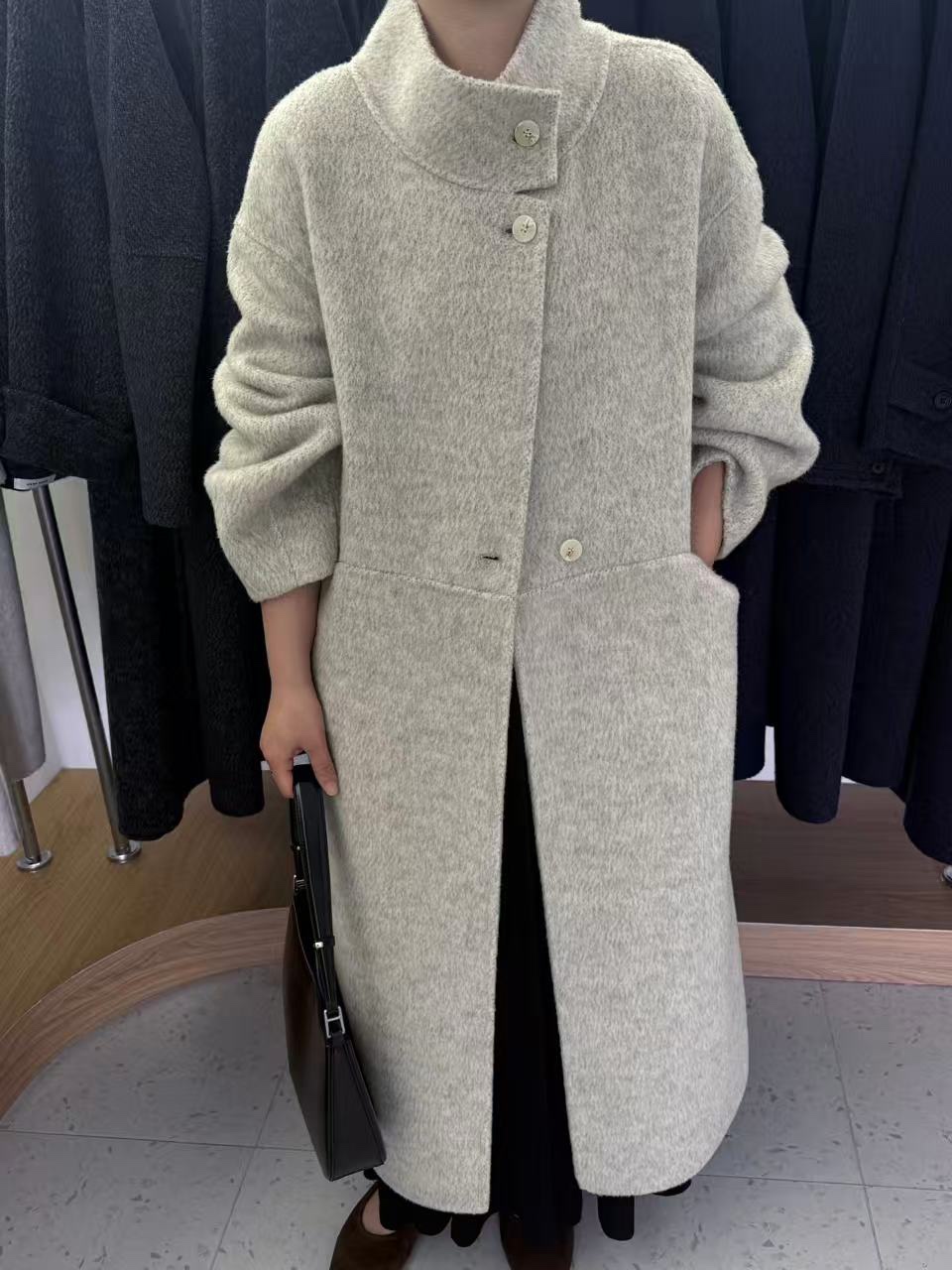 8618依米韩版立领双面羊绒毛呢大衣冬季宽松显瘦气质中长款外套
