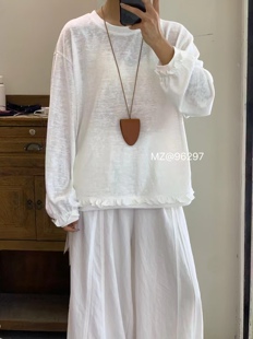 针织简约6618 时尚 96297常规不褪色圆领复古风长袖 T恤白色打底衫