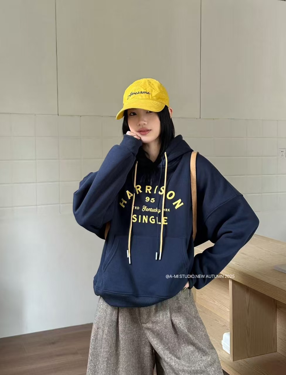 6237加绒加厚3D字母连帽秋季韩版卫衣带帽女装卫衣减龄