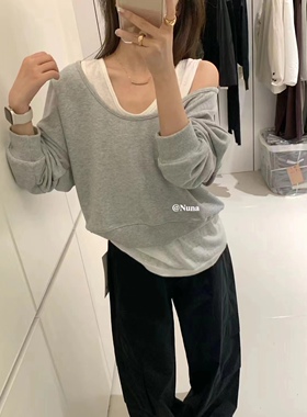 29070秋季韩版简约时尚宽松百搭休闲长袖纯色假两件露肩卫衣