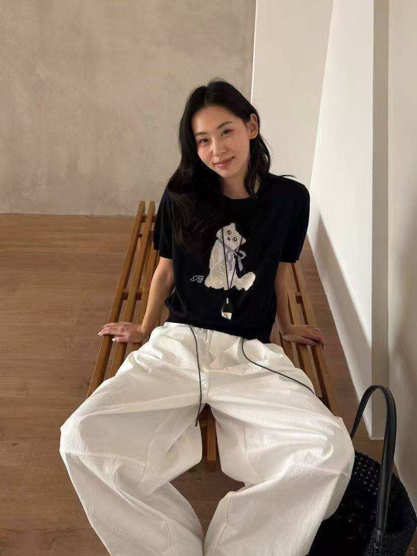 1716新款慵懒风宽松显瘦提花短袖针织衫女春秋外搭百搭