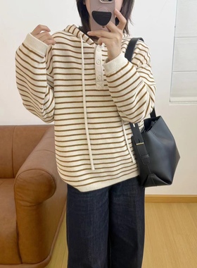 9261ss秋冬慵懒风套头百搭时尚宽松条纹韩版连帽休闲针织长袖毛衣