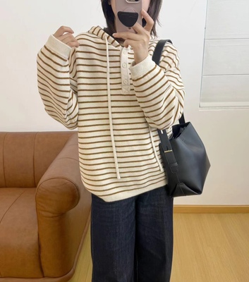 9261ss秋冬慵懒风套头百搭时尚宽松条纹韩版连帽休闲针织长袖毛衣