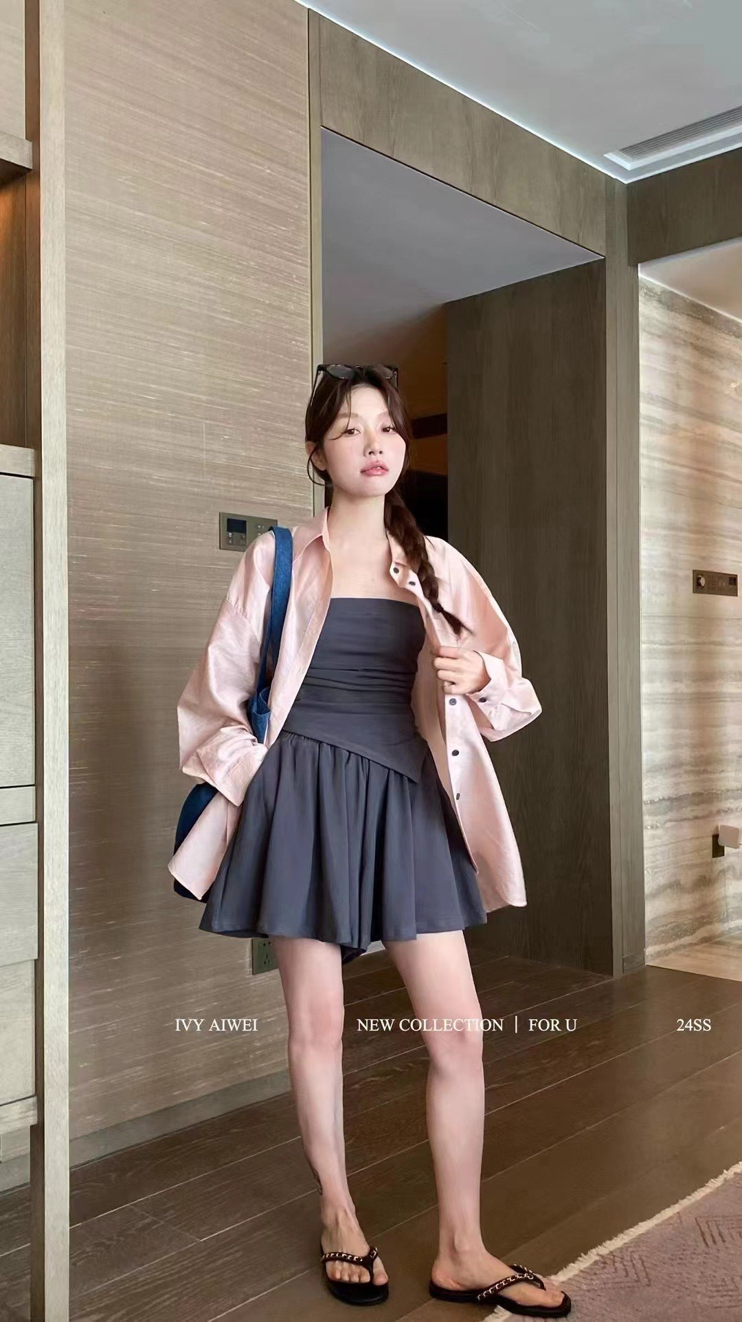 28869韩版甜美气质夏季高腰百褶短裙时尚背心套装防晒三件套