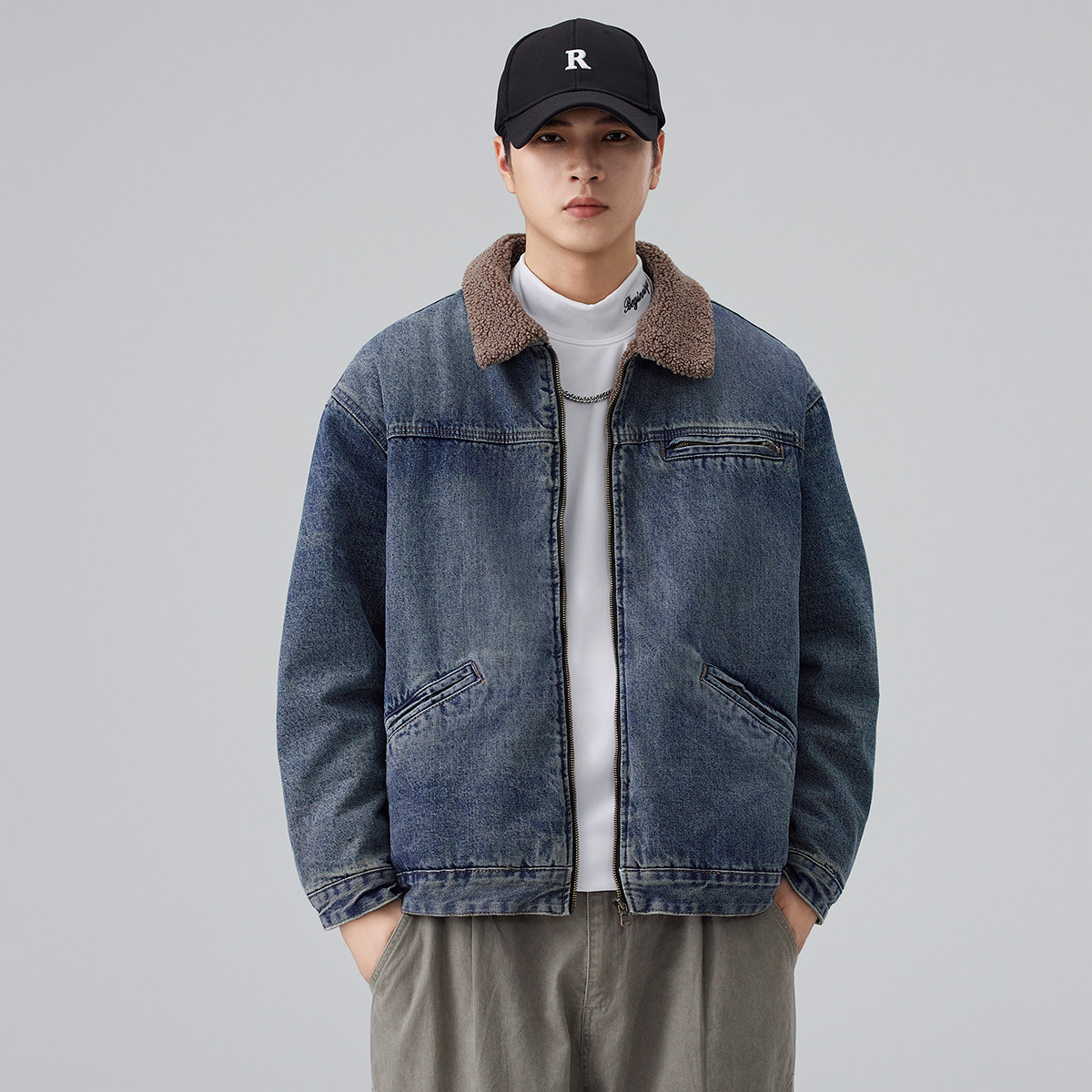 底特律高端重磅羊羔绒牛仔外套男款加绒加厚拉链款工装休闲夹克男