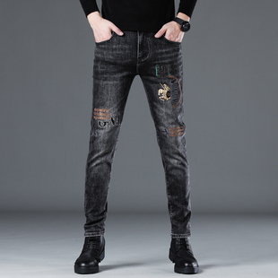 刺绣牛仔裤男士潮牌秋冬款弹力修身小脚烫钻印花烟灰色休闲长裤子