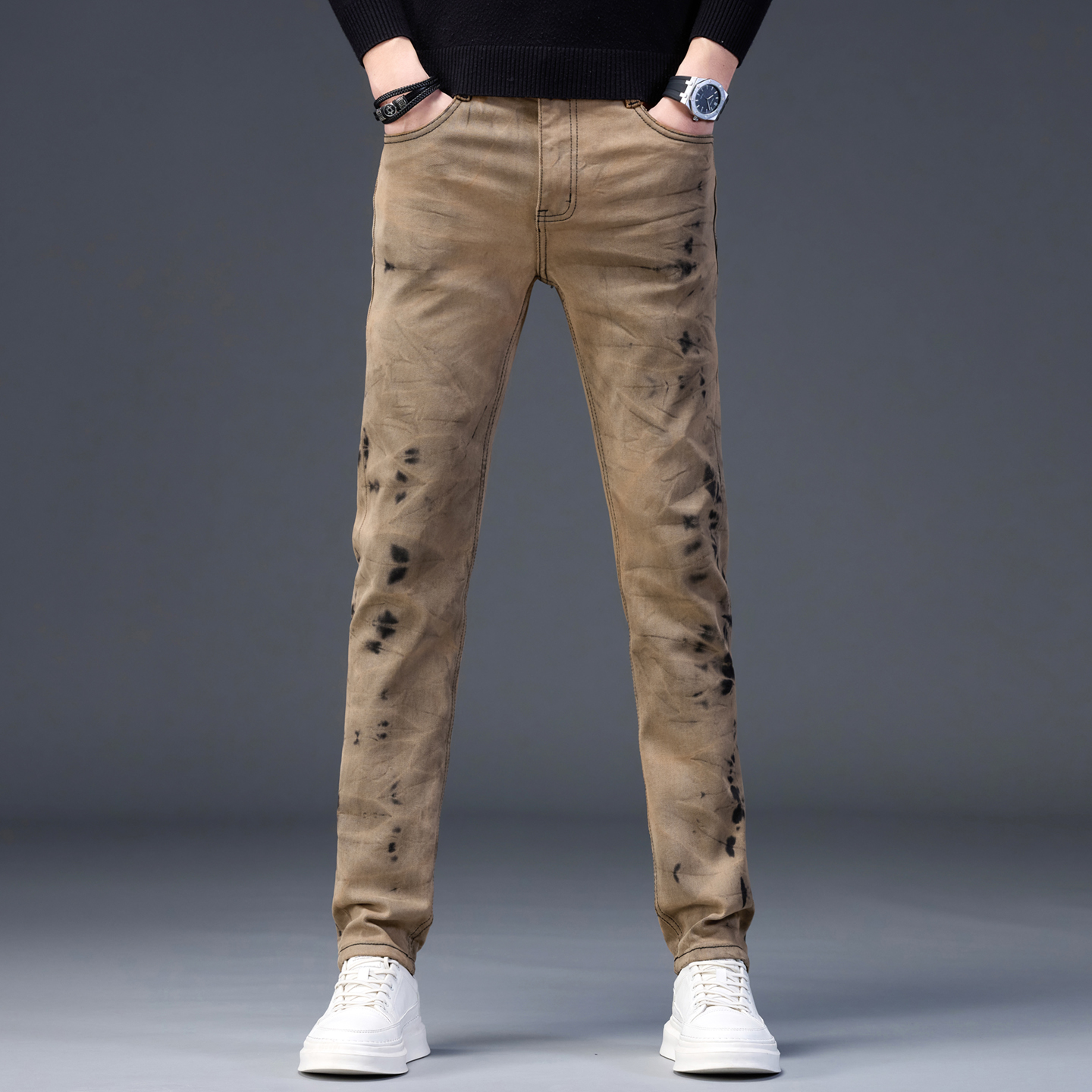 欧版高端重磅撞色复古牛仔裤男修身小脚渐扎染时尚水洗休闲长裤子