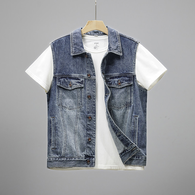 迷彩拼接牛仔马甲外套男复古修身机车马夹个性印花坎肩背心帅气感