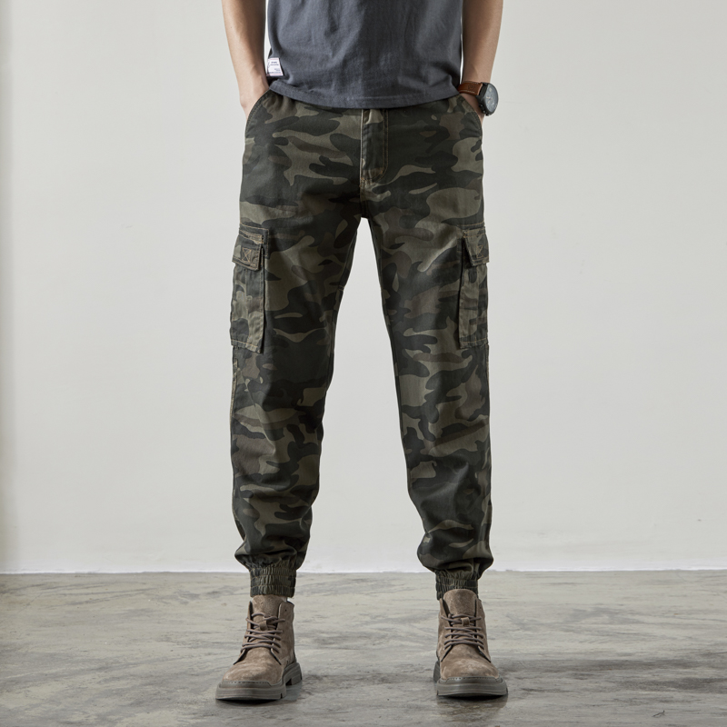 春秋季个性迷彩工装裤男潮牌宽松束脚休闲直筒哈伦裤子男配马丁靴