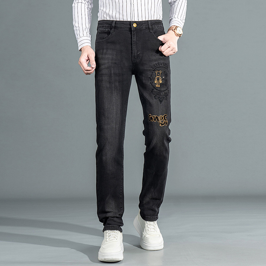 秋冬新款牛仔裤男修身显瘦高端小直筒弹力烫钻印花潮牌休闲长裤子