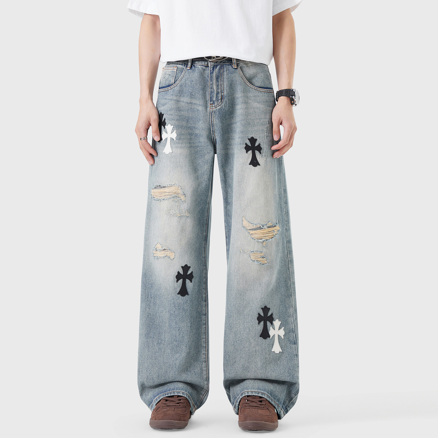 美式高街风十字架刺绣破洞牛仔裤男春秋季宽松直筒阔腿复古长裤子