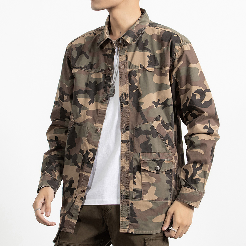 美式迷彩军绿色工装衬衫外套男春秋款户外复古青年长袖夹克男潮流