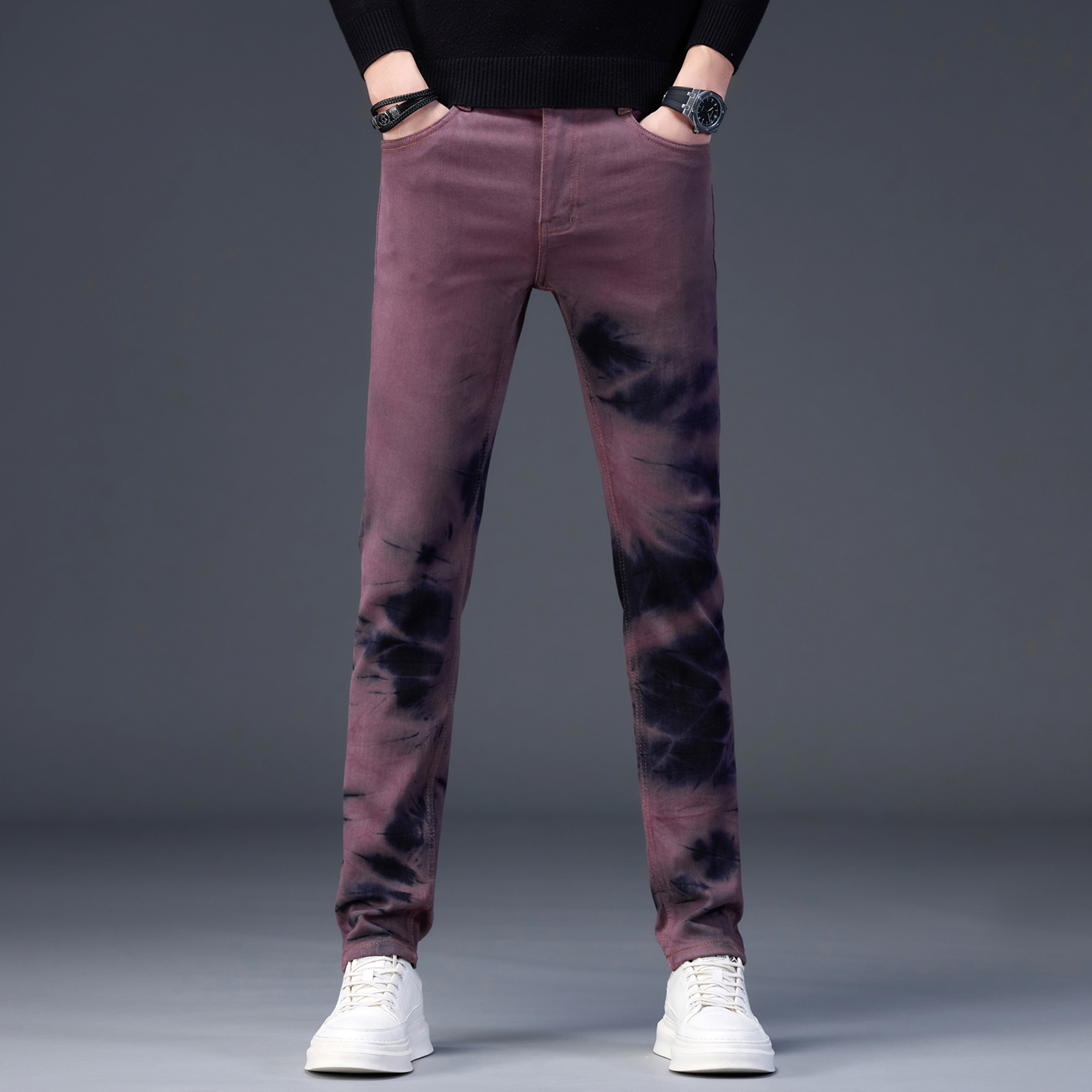 不规则扎染渐变印花牛仔裤男