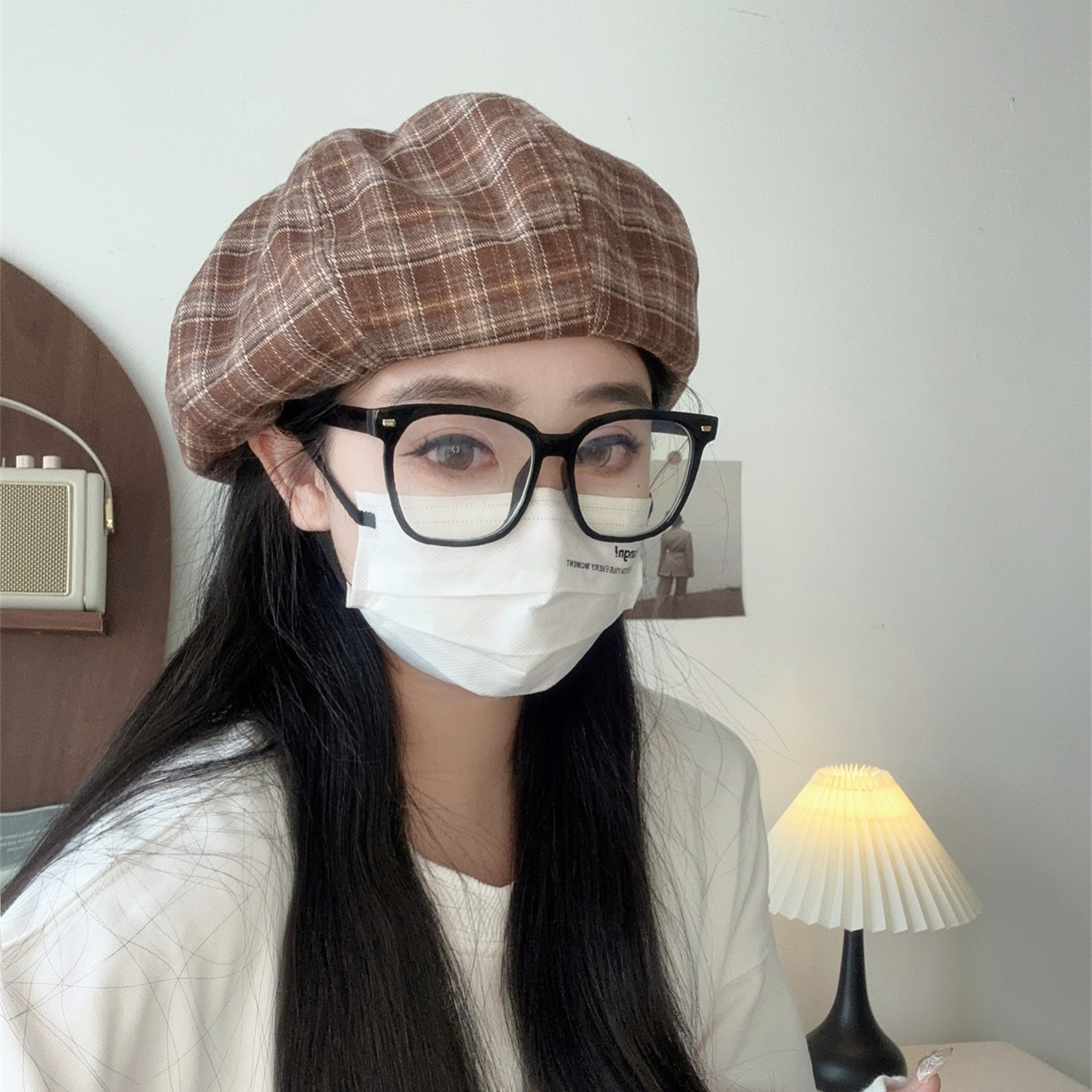 橘子哥哥日系复古格纹贝雷帽子女春秋季显脸小休闲可爱文艺画家帽