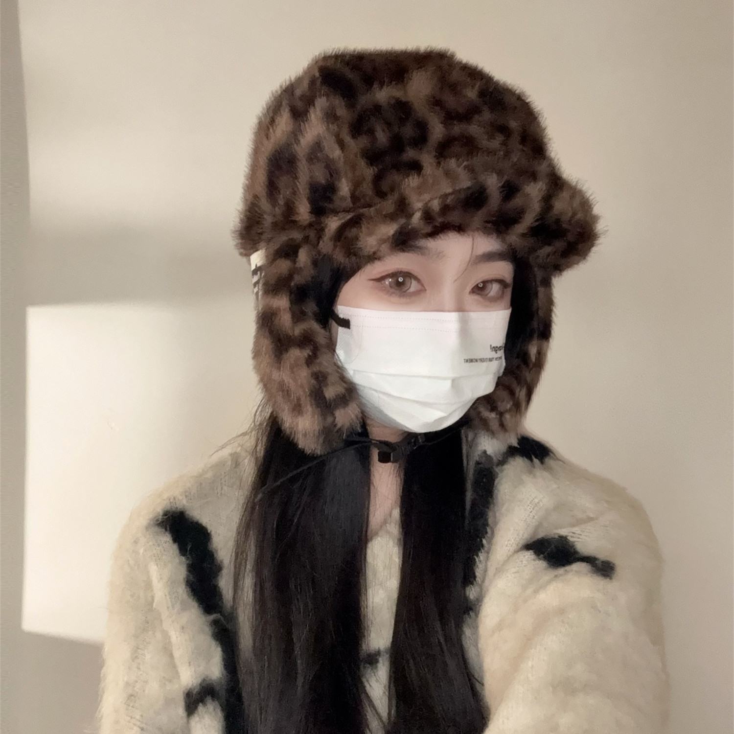 韩系ins时髦豹纹毛绒雷锋帽保暖