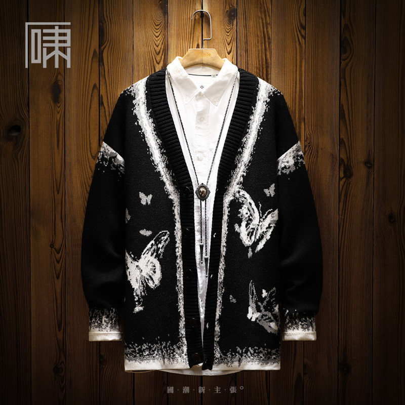 潮牌国潮高街渐变色蝴蝶开衫毛衣