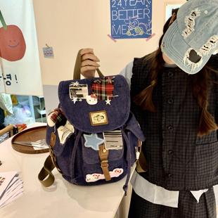 美式复古初高中大容量书包牛仔帆布双肩包包女可爱猫校园学生背包