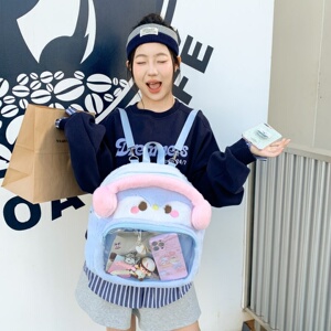 高颜值蓝色耳机企鹅大容量学生书包卡通双肩包可爱毛茸茸背包痛包