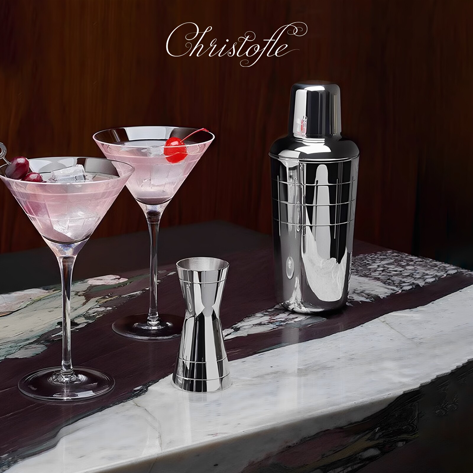 CHRISTOFLE 昆庭 GRAPHIK 几何线镀银手摇调酒器双头量酒器酒吧