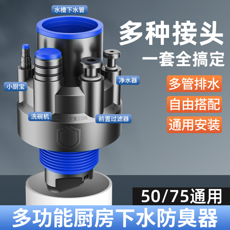 厨房下水管三头通洗碗机水槽排水管净水器密封塞分流水防返臭神器