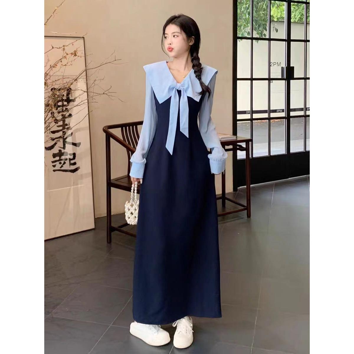 高个子女生连衣裙初秋季长袖海军领超长款到脚踝穿搭长裙
