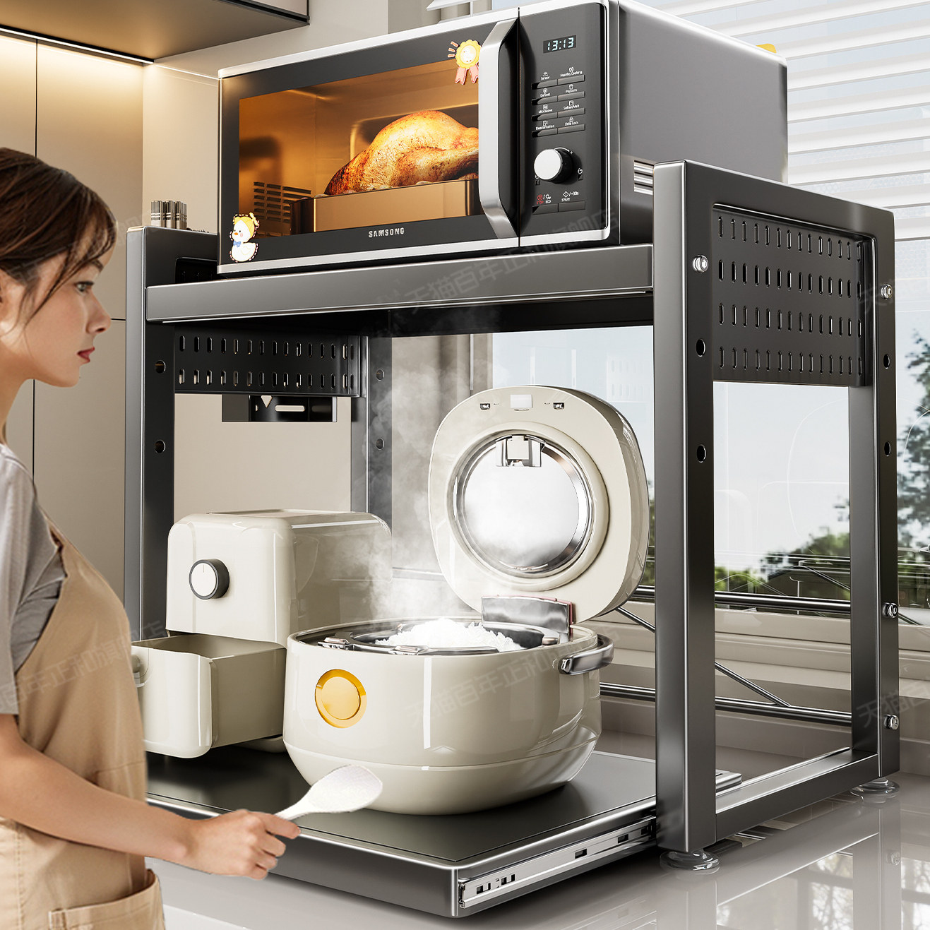 厨房微波炉置物架多功能台面可抽拉电饭锅烤箱收纳层架多层电器支