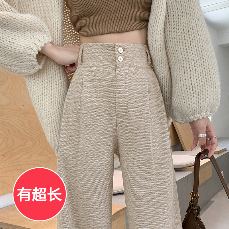 毛呢加绒阔腿裤女人字纹休闲裤