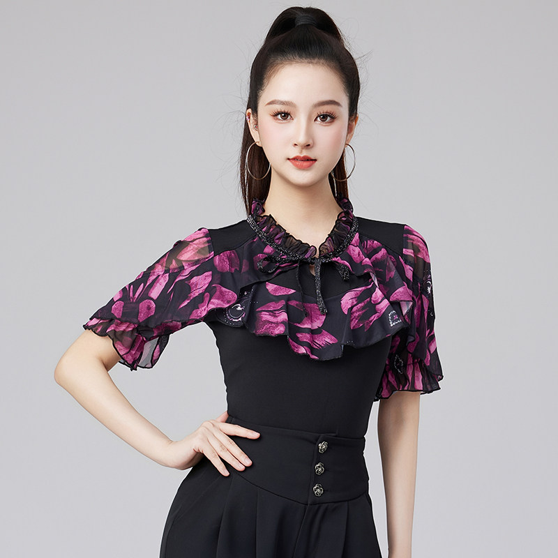 夏季拉丁舞练功服短袖上衣新款摩登舞交谊舞服广场舞练功演出服女