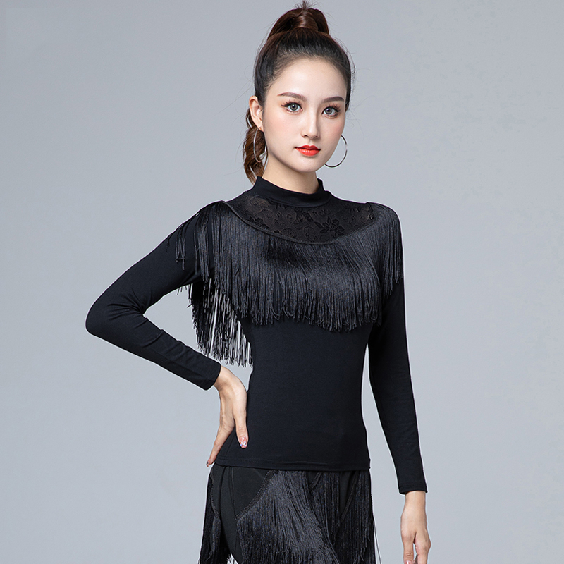 春夏拉丁舞练功服长袖上衣流苏舞蹈服女交谊舞摩登舞练习跳舞服装