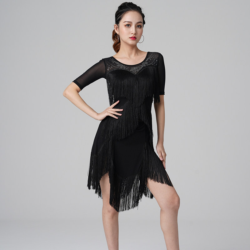 夏季拉丁舞连衣裙女表演服国标舞交谊舞专业跳舞流苏裙练功比赛服