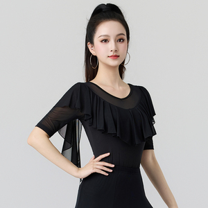 夏季透气网纱拉丁舞中袖上衣女