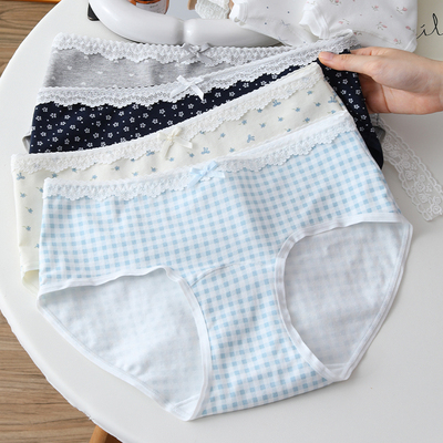 纯棉10A抑菌少女印花格子三角裤