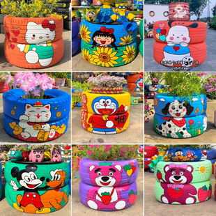 废旧轮胎改造花盆手绘花盆艺术花盆DIY创意花盆花架手工制作绘制