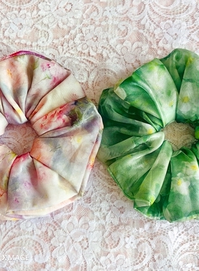 粉色细闪繁花甜美清新绿色油画风花朵大肠发圈丸子头马尾头花皮筋