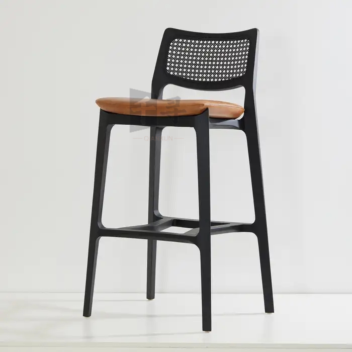 新中式实木吧椅设计师个性藤编靠背高脚凳现代创意时尚休闲酒吧椅