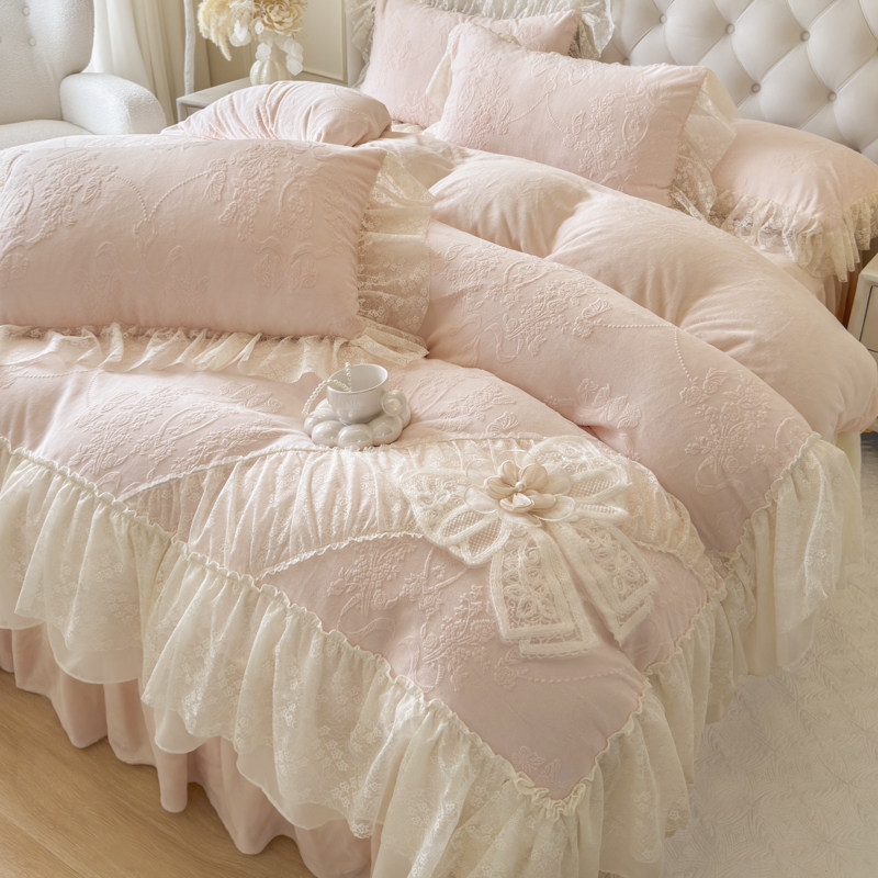 床裙款四件套牛奶绒公主风蕾丝边法式轻奢加厚保暖少女被套珊瑚绒,床上用品,床品套件/四件套/多件套,淘宝优惠券,粉丝福利购,淘宝优惠卷