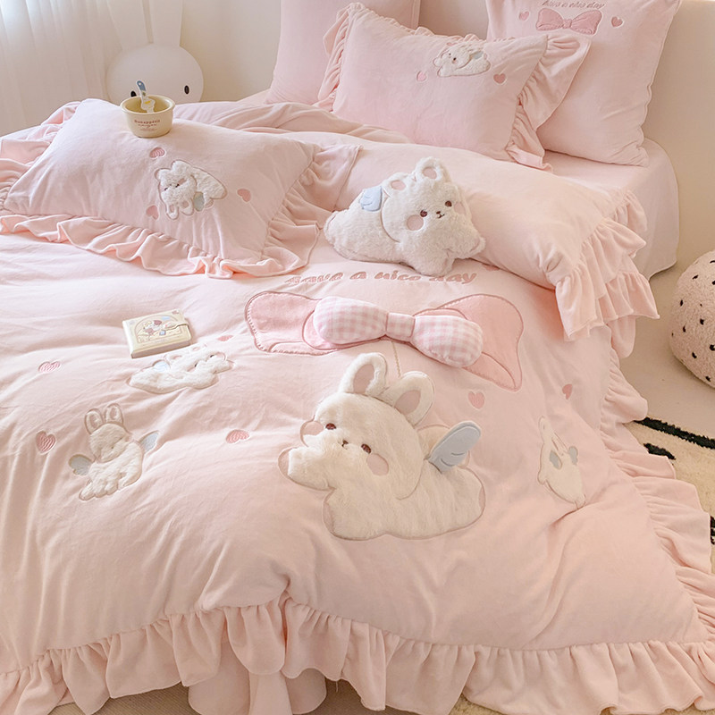 冬季加厚保暖可爱四件套牛奶绒被套立体儿童珊瑚绒床单款粉色床品,床上用品,床品套件/四件套/多件套,淘宝优惠券,粉丝福利购,淘宝优惠卷