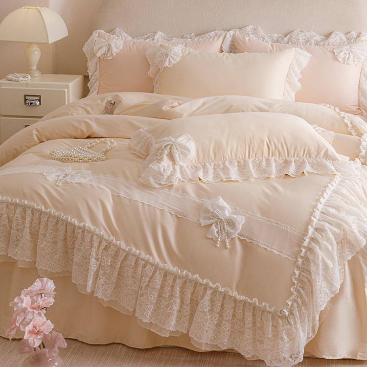 浪漫纯棉四件套全棉少女公主风蕾丝花边蝴蝶结被套长绒棉床单床裙