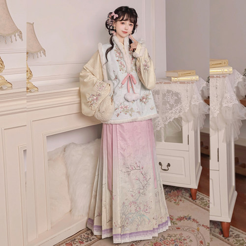 明制汉服女绣花加绒比甲通勤套装