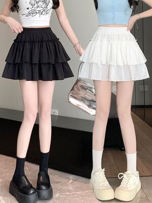 2025爆款夏季mm甜美荷叶边蛋糕裙女高腰半身裙白色短裙女夏