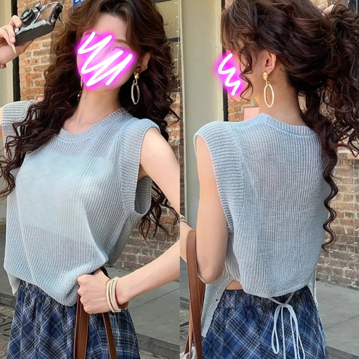 夏天薄款镂空冰丝无袖针织衫女2025新款夏季设计感后背绑带上衣女图片