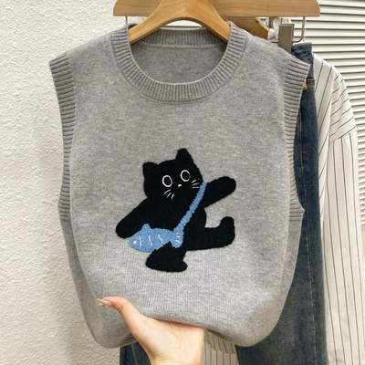 可爱减龄针织毛衣马甲背心经典刺绣小猫森系时尚百搭马甲秋冬款
