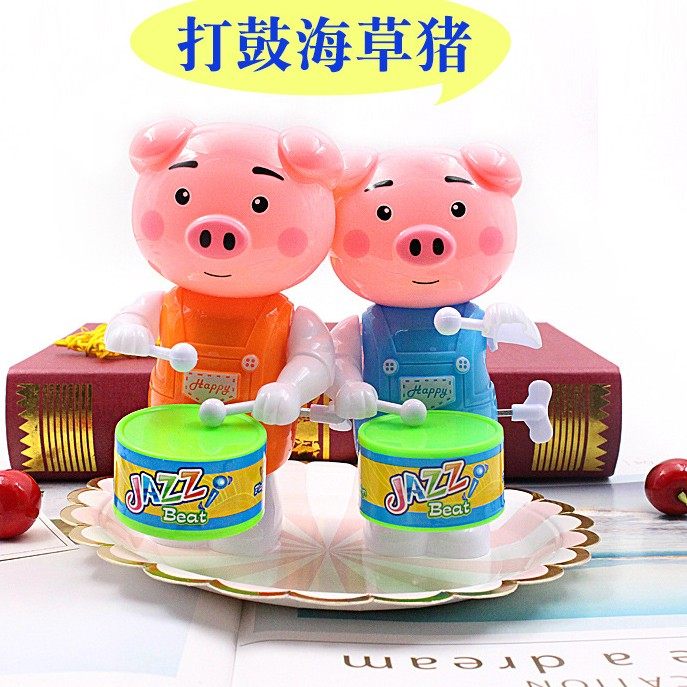 新款发条敲鼓海草猪打鼓上链玩具地摊夜市幼儿园奖励哄娃神器