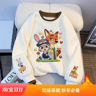 甜美可爱风卡通朱迪尼克印图加绒卫衣秋冬保暖上衣洋气女童长袖