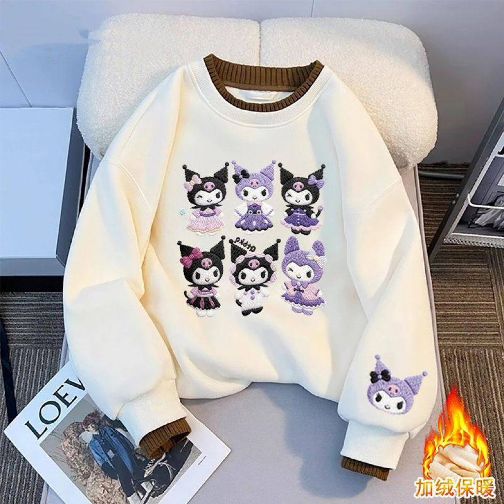 男女童卡通库洛米印图卫衣女加绒加厚白色假两件套头上衣
