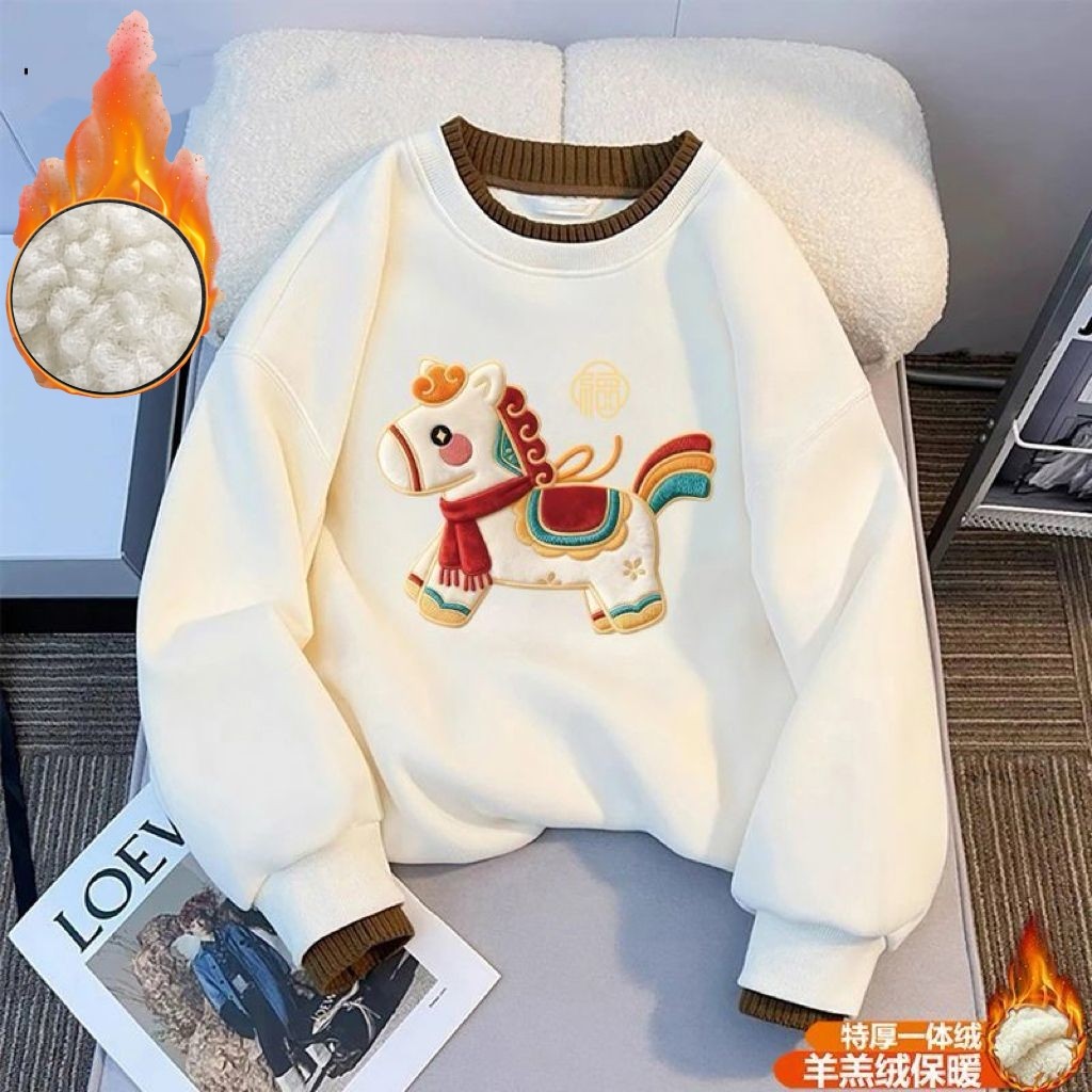 卡通风马年印花卫衣女童秋冬加绒加厚保暖圆领上衣