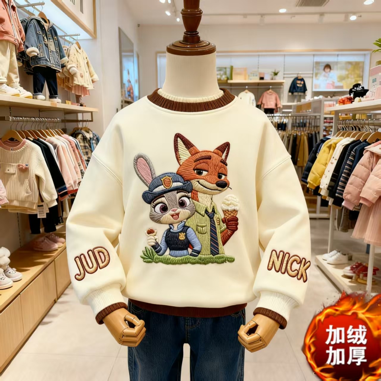 女童朱迪尼克卡通卫衣秋冬加绒加厚圆领套头针织衫