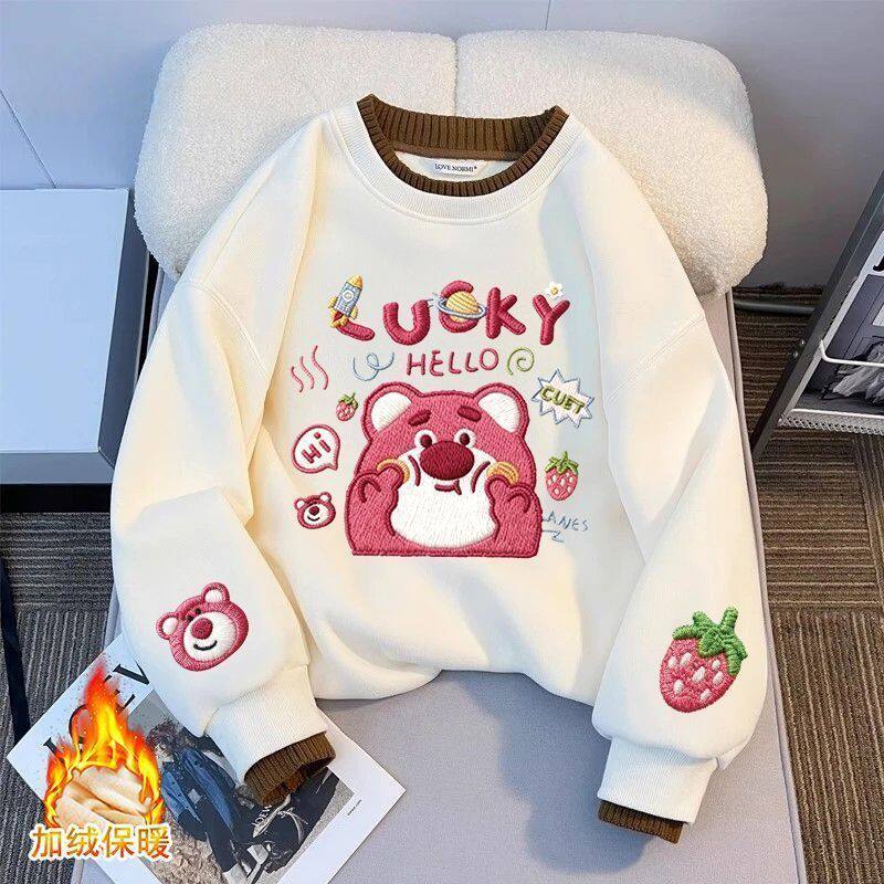 男女童卡通草莓熊印图卫衣女加绒加厚白色假两件套头上衣