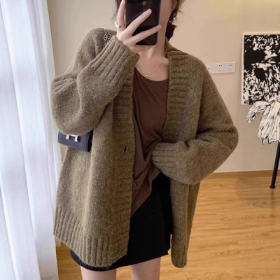 狗尾草韩版大毛衣外套女秋冬加厚慵懒风中长款纯色针织开衫宽松